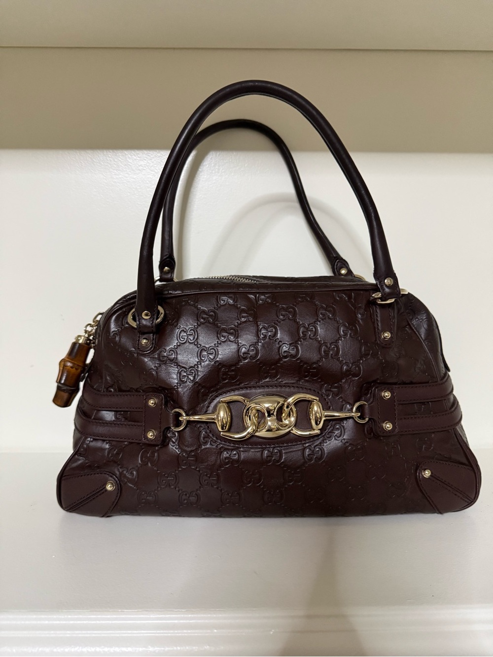 Gucci Dark Brown Monogram Leather Shoulder Bag with Gold Hardware